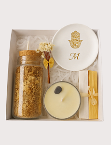 GIFT BOX PROTEÇÃO | PORTA JOIAS HAMSA | SAIS DE BANHO | VELA PROTEÇÃO CRISTAIS | PALO SANTO | SELENITA