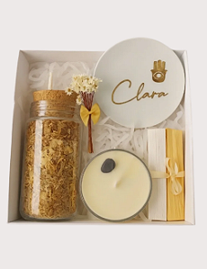 GIFT BOX PROTEÇÃO | PORTA JOIAS HAMSA | SAIS DE BANHO | VELA PROTEÇÃO CRISTAIS | PALO SANTO | SELENITA