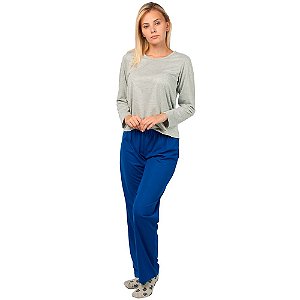 Conjunto Pijama Feminino Básico Manga Longa Cinza e Azul