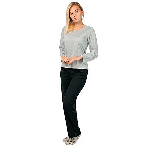 Conjunto Pijama Feminino Básico Manga Longa Cinza e Preto