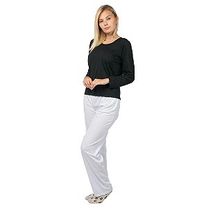 Conjunto Pijama Feminino Básico Manga Longa Preto e Branco