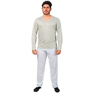 Conjunto Pijama Masculino Básico Manga Longa Cinza e Branco