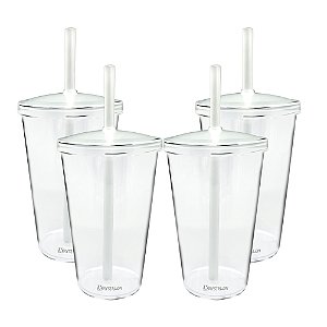 Jogo de Copos com Tampa e Canudo 550ml - Acrílico 4 Peças