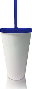 Copo Shake com Tampa Branco e Azul 550ml - Acrilico PS