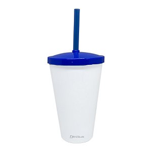 Copo Shake com Tampa Branco e Azul 550ml - Acrilico PS