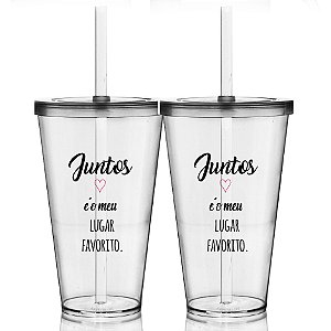 Copo Milk Shake Kit com 2 unidades, Tampa e canudo 550ml - Dias dos Namorados - Juntos é o meu lugar favorito