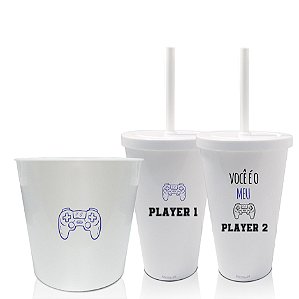 Kit Balde de Pipoca +2 Copos Personalizado Namorados Player 1 e Player 2