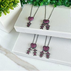 Colar Folheado Ródio Negro Filhos Coração Cravejado