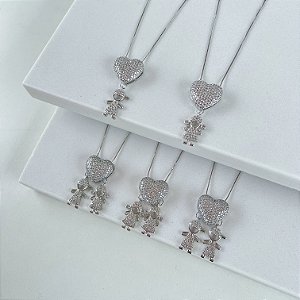 Colar Folheado Prata 925 Filhos Coração Zircônias Cravejadas