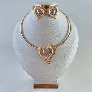 Conjunto Aro Bijuteria Dois Banhos Coração Abaulada
