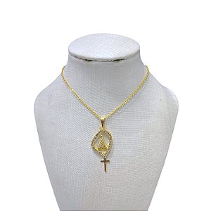Colar Folheado Ouro 18k e Prata 925 Nossa Senhora Strass