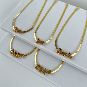 Choker Folheada Ouro 18k Fita Laminada Filhos Coração
