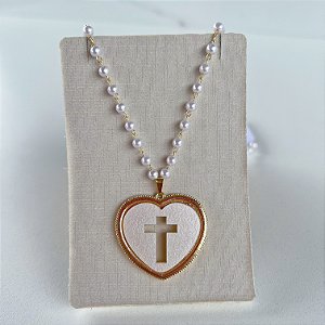 Colar Pérolas Coração Madrepérola Cruz Folheado Ouro 18k