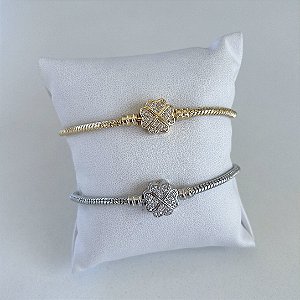 Pulseira Inspired Pandora Trevo Cravejado Folheada Ouro 18k e Prata 925