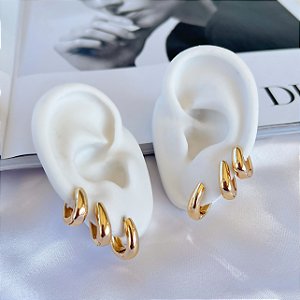 Trio Brincos Folheado Ouro 18k e Prata 925 Argolas Gota Abaulada