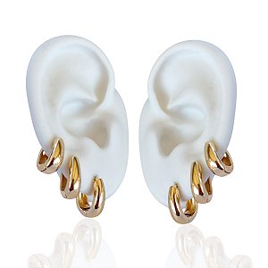 Trio Brincos Folheado Ouro 18k e Prata 925 Argolas Gota Abaulada