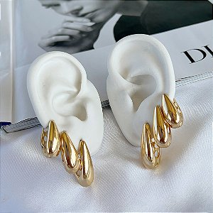Trio Brincos Folheado Ouro 18k e Prata 925 Argolas Gota Abaulada