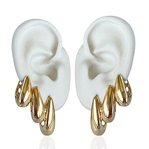 Trio Brincos Folheado Ouro 18k e Prata 925 Argolas Gota Abaulada