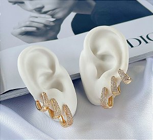 Trio Brincos Folheado Ouro 18k e Prata 925 Argolas Gota Cravejada