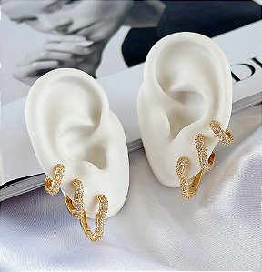 Trio Brincos Folheado Ouro 18k e Prata 925 Argolas Coração Cravejado