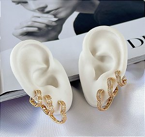 Trio Brincos Folheado Ouro 18k e Prata 925 Argolas Coração Cravejado