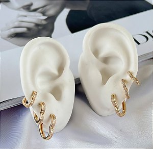 Trio Brincos Folheado Ouro 18k e Prata 925 Argolas Coração Cravejado