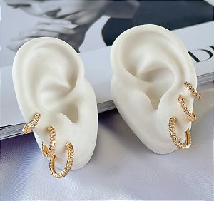 Trio Brincos Folheado Ouro 18k e Prata 925 Argolas Cravejada