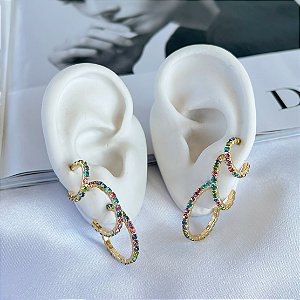 Trio Brincos Folheado Ouro 18k Argolas Cravejada