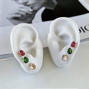 Trio Brincos Folheado Ouro 18k Gota