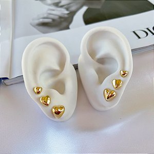Trio Brincos Folheado Ouro 18k e Prata 925 Coração