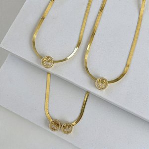 Choker Folheada Ouro 18k Fita Laminada Filhos Mandala Cravejados