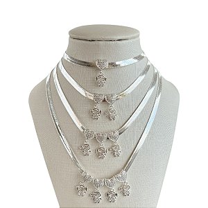 Choker Folheada Prata 925 Fita Laminada Filhos Coração Cravejados