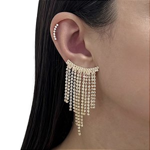 Brinco Folheado Ouro 18k e Prata 925 Franja Strass Leque