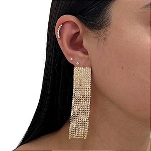 Brinco Folheado Ouro 18k e Prata 925 Franja Strass Quadrado Menor