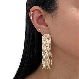 Brinco Folheado Ouro 18k e Prata 925 Franja Strass Meia Lua Trabalhada