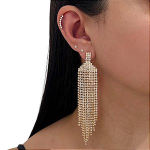 Brinco Folheado Ouro 18k e Prata 925 Franja Strass Losango Torre