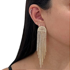 Brinco Folheado Ouro 18k e Prata 925 Franja Strass Meia Lua