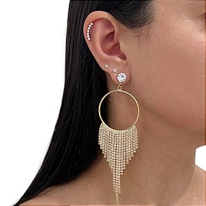 Brinco Folheado Ouro 18k e Prata 925 Franja Strass Argola Ponto de Luz