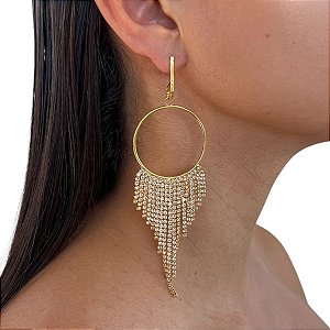Brinco Folheado Ouro 18k e Prata 925 Franja Strass
