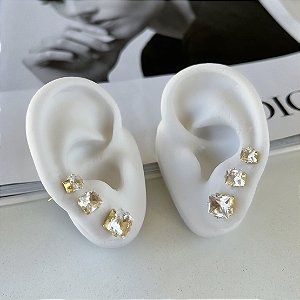 Trio Brincos Folheado Ouro 18k Quadrado