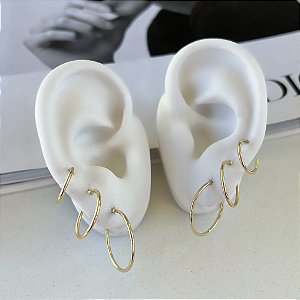 Trio Brincos Folheado Ouro 18k e Prata 925 Argolas