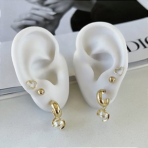 Trio Brincos Folheado Ouro 18k e Prata 925 Argola Pérola