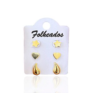 Trio Brincos Folheado Ouro 18k Formatos