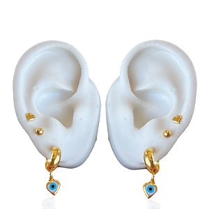Trio Brincos Folheado Ouro 18k Coração Olho Grego