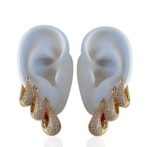 Trio Brincos Folheado Ouro 18k e Prata 925 Argolas Gota Vírgula Cravejada