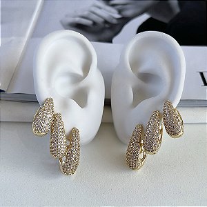 Trio Brincos Folheado Ouro 18k e Prata 925 Argolas Gota Cravejada