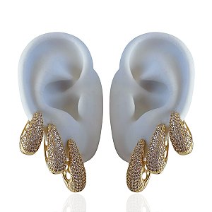 Trio Brincos Folheado Ouro 18k e Prata 925 Argolas Gota Cravejada