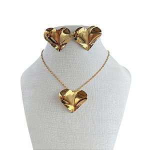 Conjunto Folheado Ouro 18k e Prata 925 Coração Chapeado