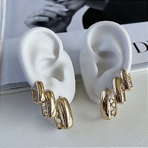 Trio Brincos Folheado Ouro 18k e Prata 925 Argolas Quadrada Abaulada
