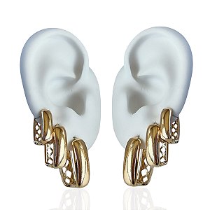 Trio Brincos Folheado Ouro 18k e Prata 925 Argolas Quadrada Abaulada